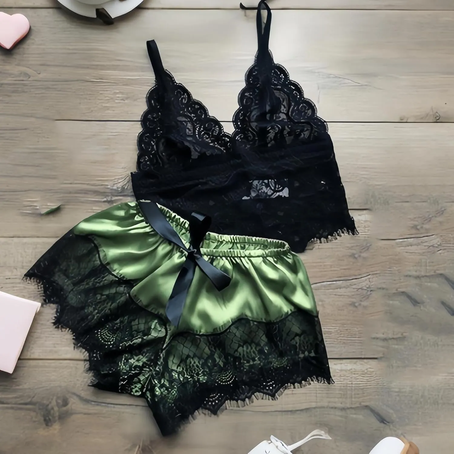 2 Piece Sexy Pajama Set for Women Floral Lace Camisole with Shorts, Summer Cool Sleepwear Cute Pjs Lingerie Sets