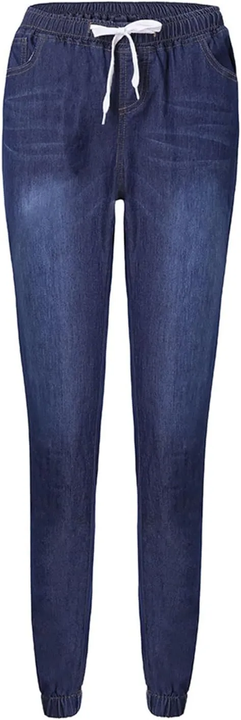 2023 Womens High Waisted Stretch Jeans Casual Drawstring Straight Leg Denim Jogger Pants with Pockets Plus Size Denim Pants