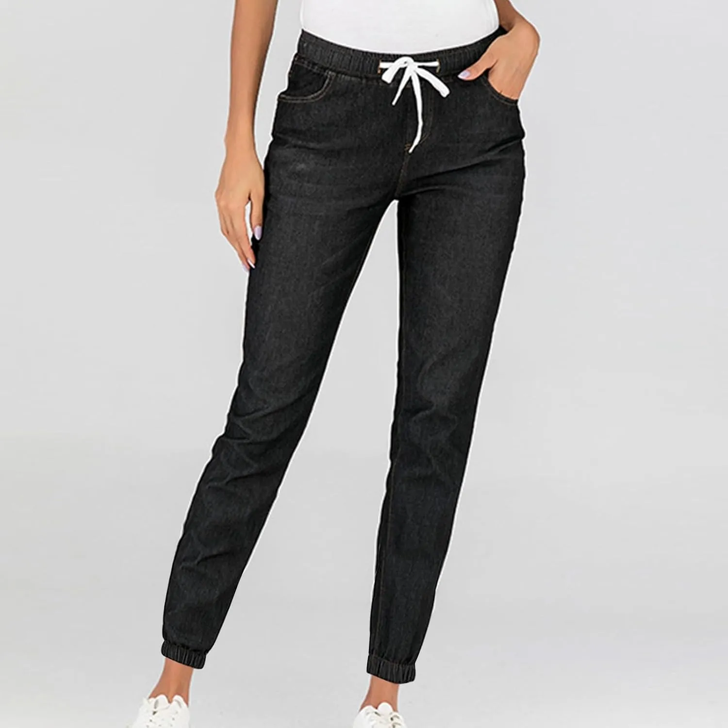 2023 Womens High Waisted Stretch Jeans Casual Drawstring Straight Leg Denim Jogger Pants with Pockets Plus Size Denim Pants