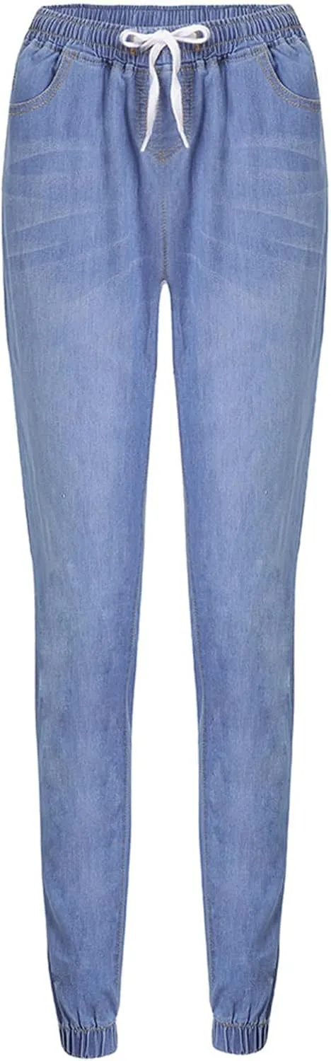2023 Womens High Waisted Stretch Jeans Casual Drawstring Straight Leg Denim Jogger Pants with Pockets Plus Size Denim Pants