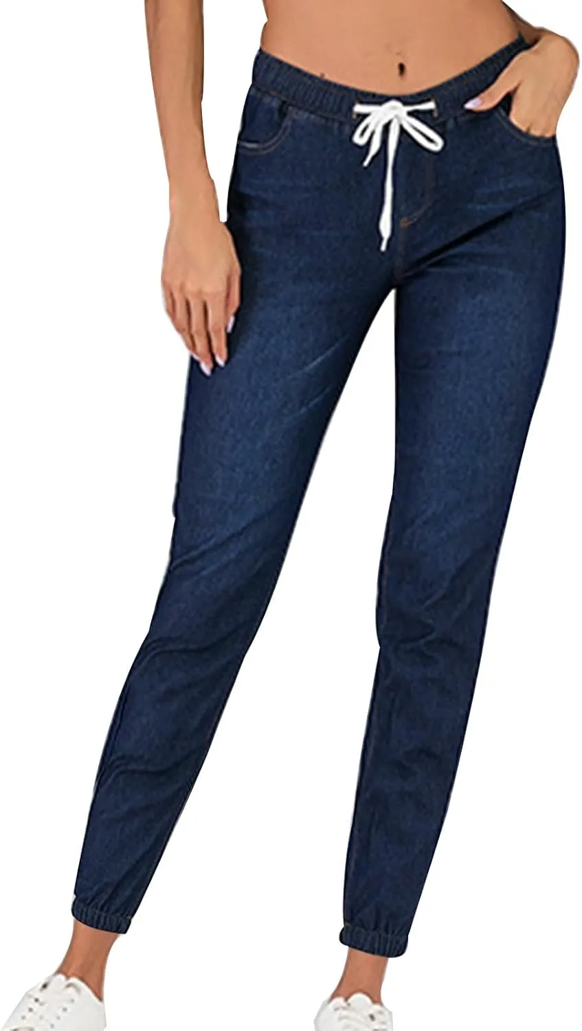 2023 Womens High Waisted Stretch Jeans Casual Drawstring Straight Leg Denim Jogger Pants with Pockets Plus Size Denim Pants