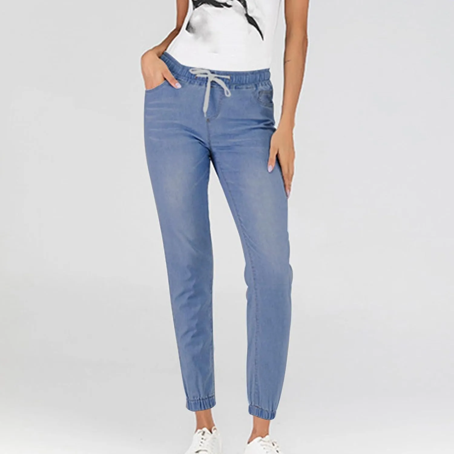 2023 Womens High Waisted Stretch Jeans Casual Drawstring Straight Leg Denim Jogger Pants with Pockets Plus Size Denim Pants