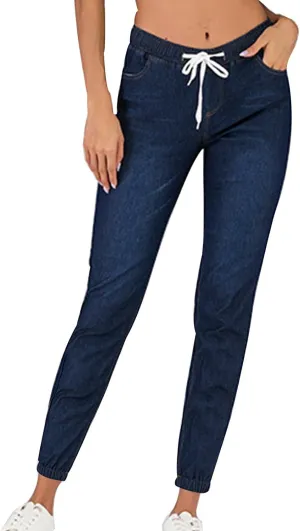 2023 Womens High Waisted Stretch Jeans Casual Drawstring Straight Leg Denim Jogger Pants with Pockets Plus Size Denim Pants