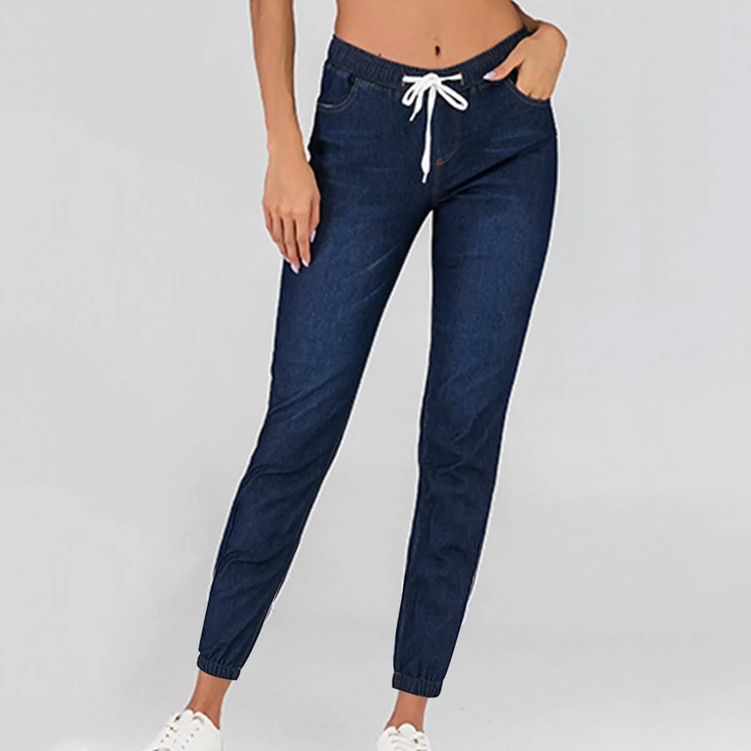 2023 Womens High Waisted Stretch Jeans Casual Drawstring Straight Leg Denim Jogger Pants with Pockets Plus Size Denim Pants