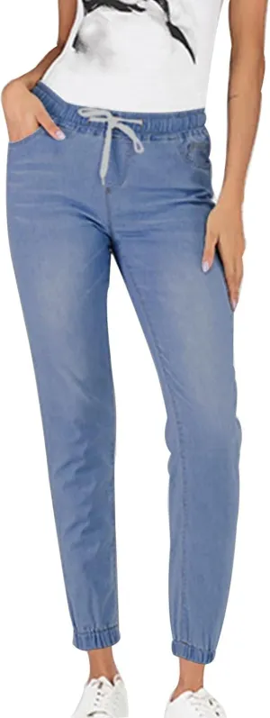 2023 Womens High Waisted Stretch Jeans Casual Drawstring Straight Leg Denim Jogger Pants with Pockets Plus Size Denim Pants