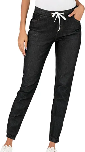 2023 Womens High Waisted Stretch Jeans Casual Drawstring Straight Leg Denim Jogger Pants with Pockets Plus Size Denim Pants