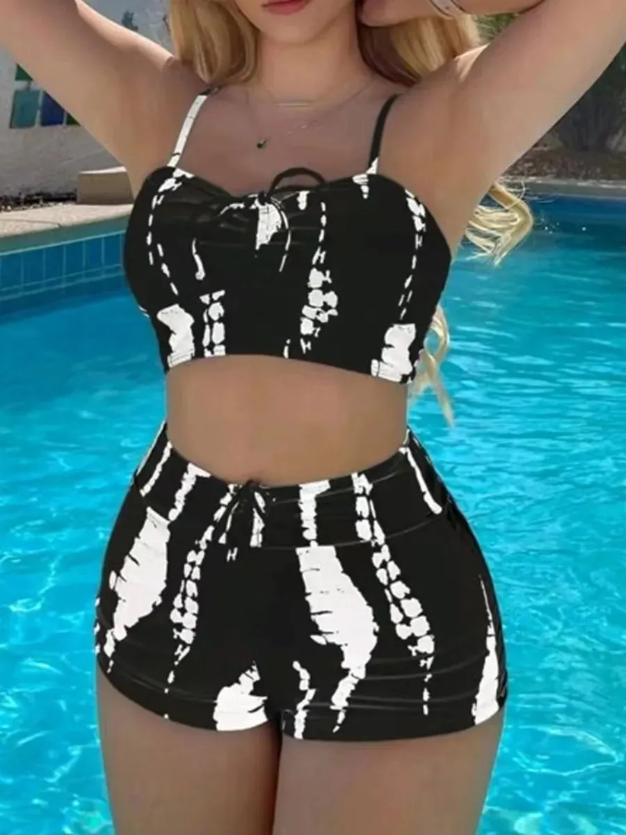 2024 Drawstring Front Shorts Bikinis: High-Waist Swimwear for Beach Style