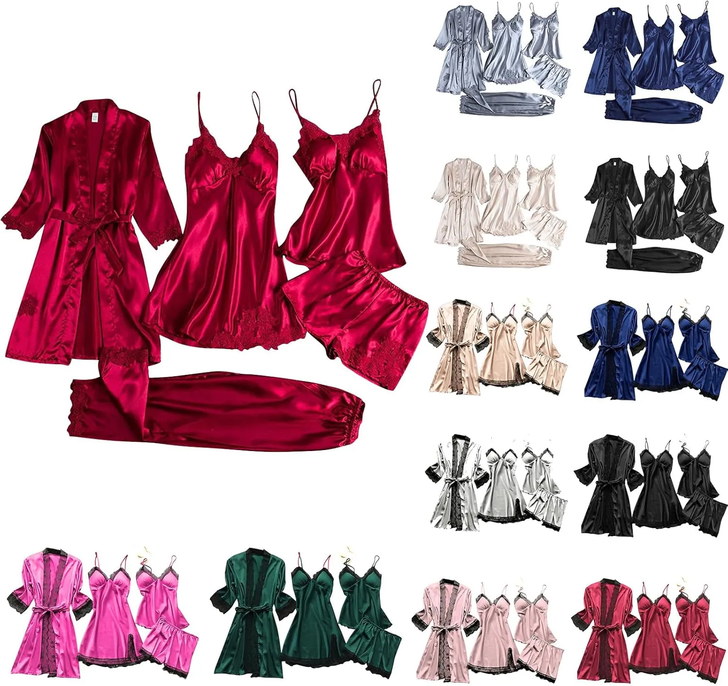 4/5pcs Silk Pajamas Set for Women Silk Lace Robe Dress Sleepwear Nightdress Pajamas Pants Set Soft Loungewear Set