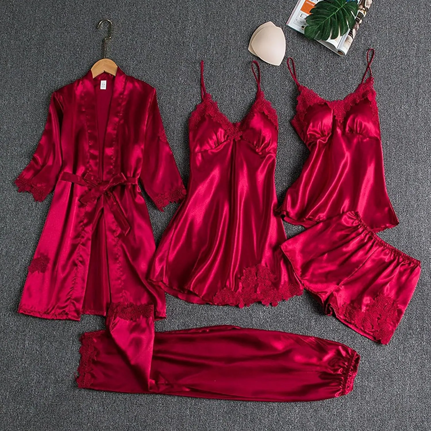4/5pcs Silk Pajamas Set for Women Silk Lace Robe Dress Sleepwear Nightdress Pajamas Pants Set Soft Loungewear Set