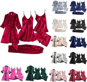 4/5pcs Silk Pajamas Set for Women Silk Lace Robe Dress Sleepwear Nightdress Pajamas Pants Set Soft Loungewear Set