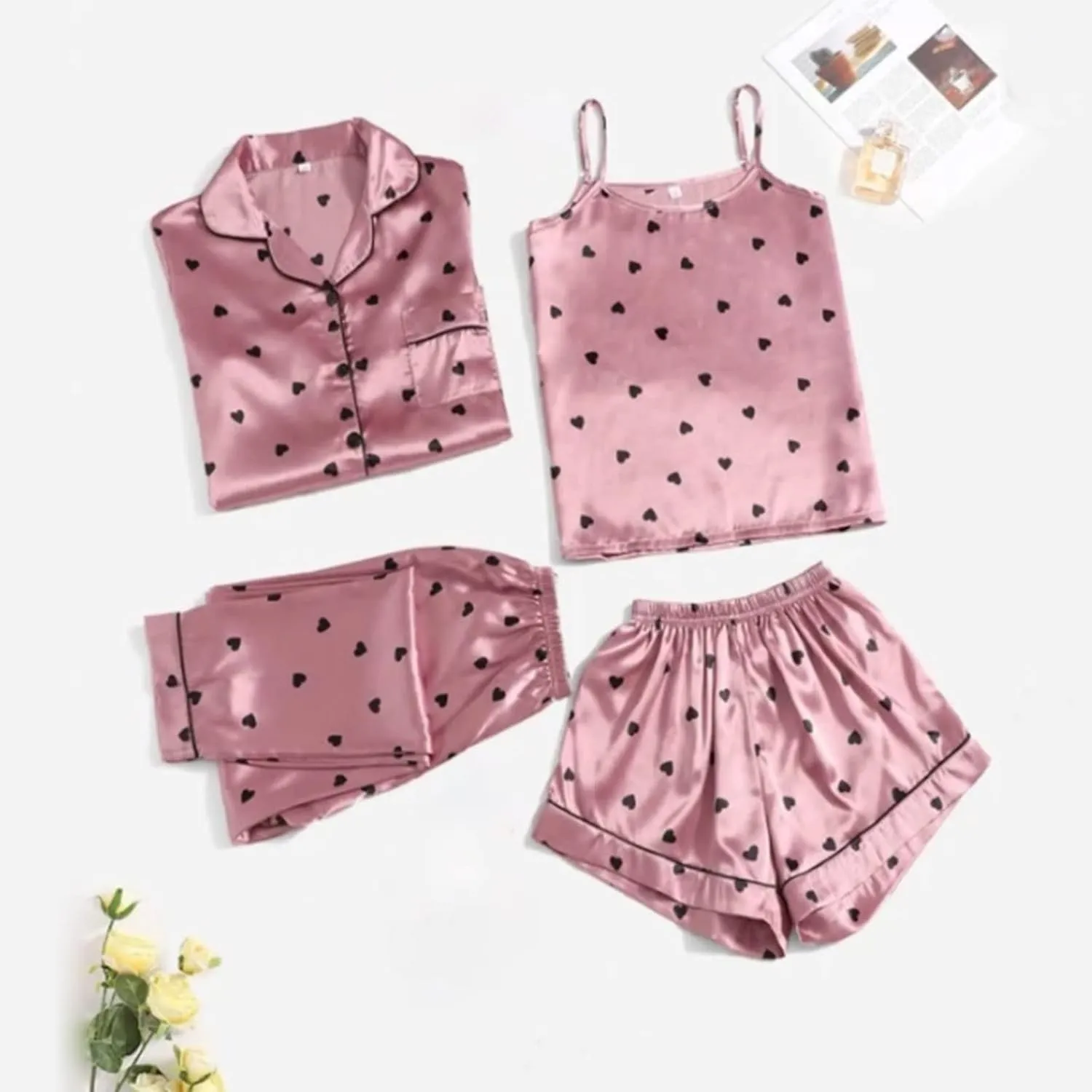 4pcs Soft Pajamas for Women,Silk Pajama Set Robe Lingerie Satin Sleepwear Camisole Long Pants Shorts Sexy Nightgowns