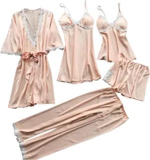 5Pcs Silk Pajamas for Women Cute Loungewear Lace Trim Satin Sleepwear Set Cami Robes Nightgowns Shorts Pants Sets