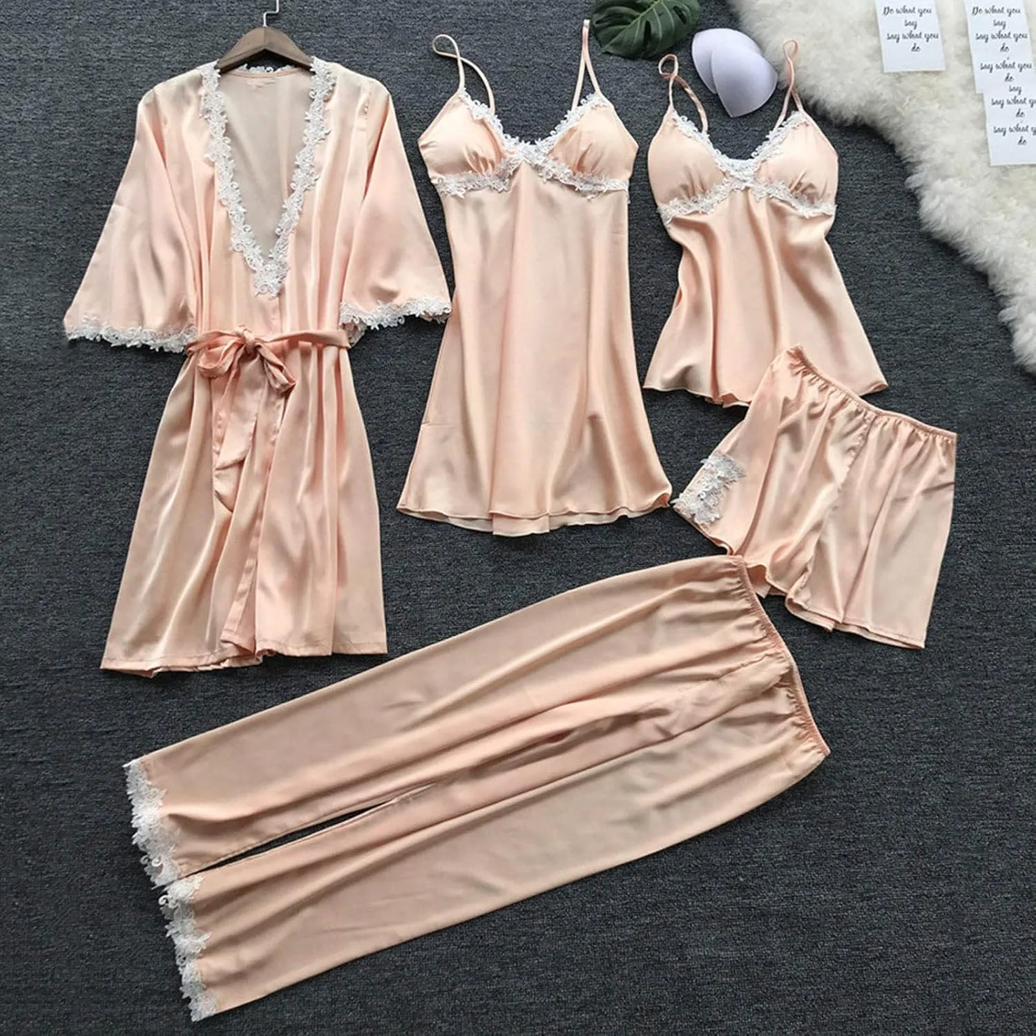 5Pcs Silk Pajamas for Women Cute Loungewear Lace Trim Satin Sleepwear Set Cami Robes Nightgowns Shorts Pants Sets