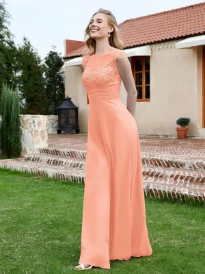 A-Line Chiffon Dress with Illusion Neckline Coral Plus Size