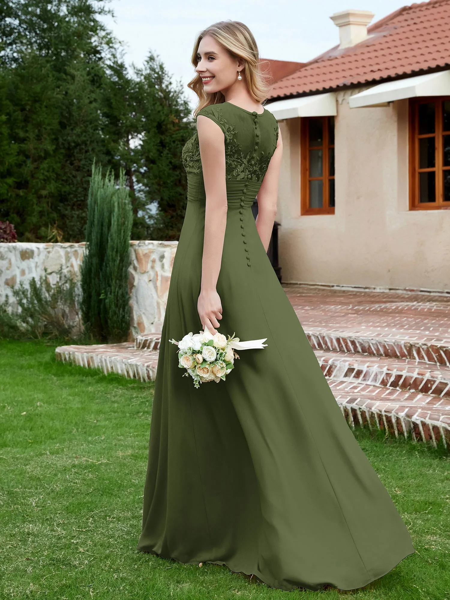 A-Line Chiffon Dress with Illusion Neckline Olive Green