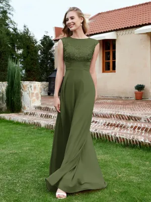 A-Line Chiffon Dress with Illusion Neckline Olive Green