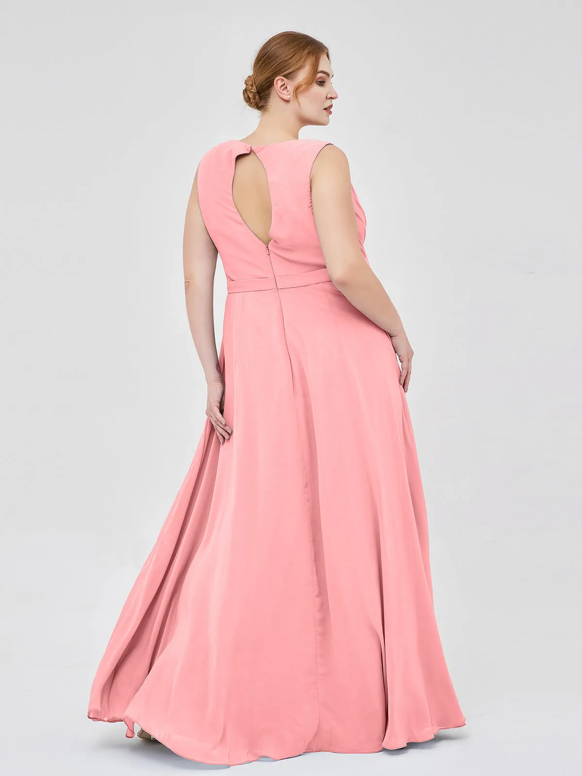 A-line Chiffon Open Back Dress With V-Neck Flamingo Plus Size