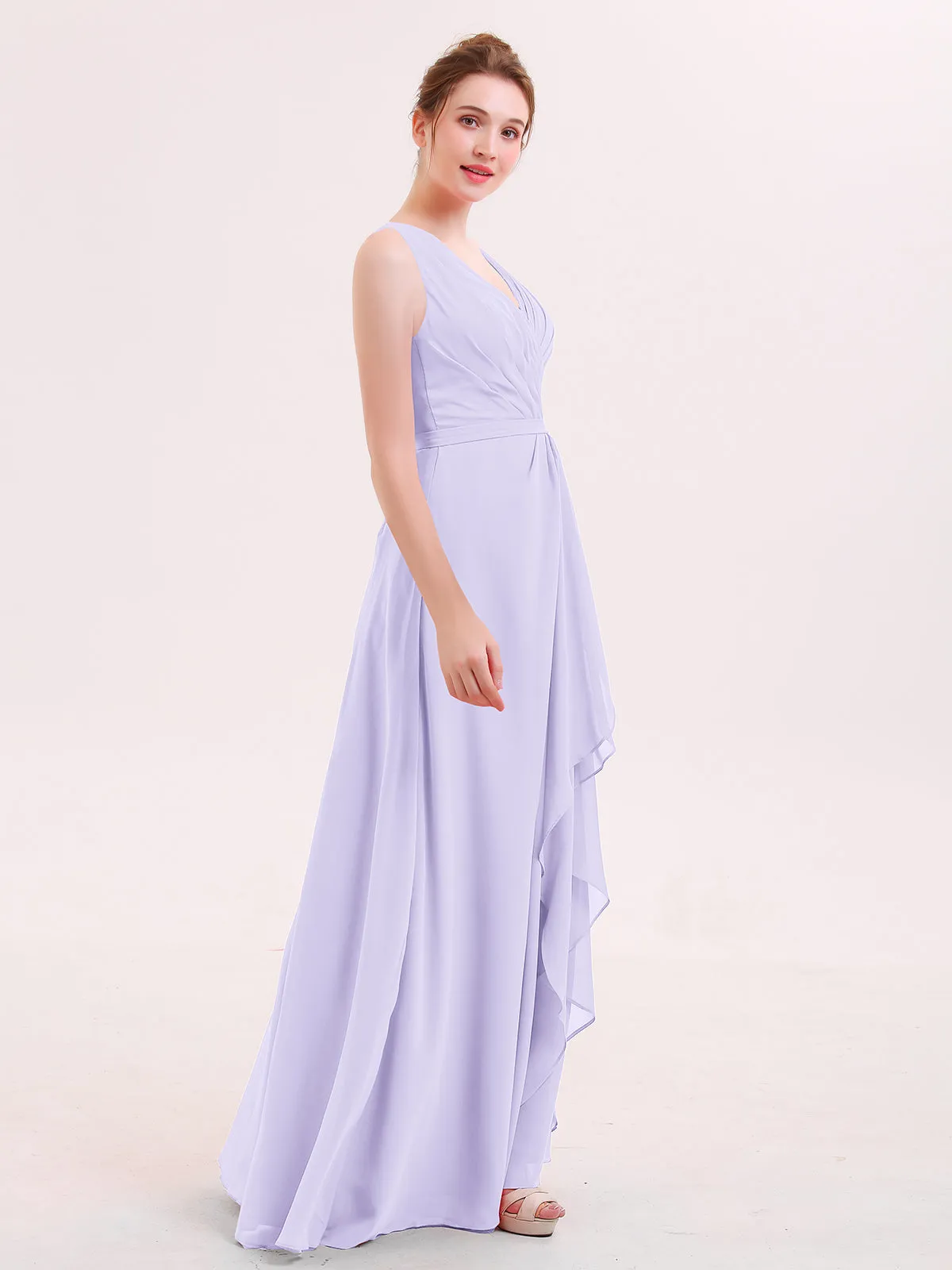 A-line Chiffon Open Back Dress With V-Neck Lilac