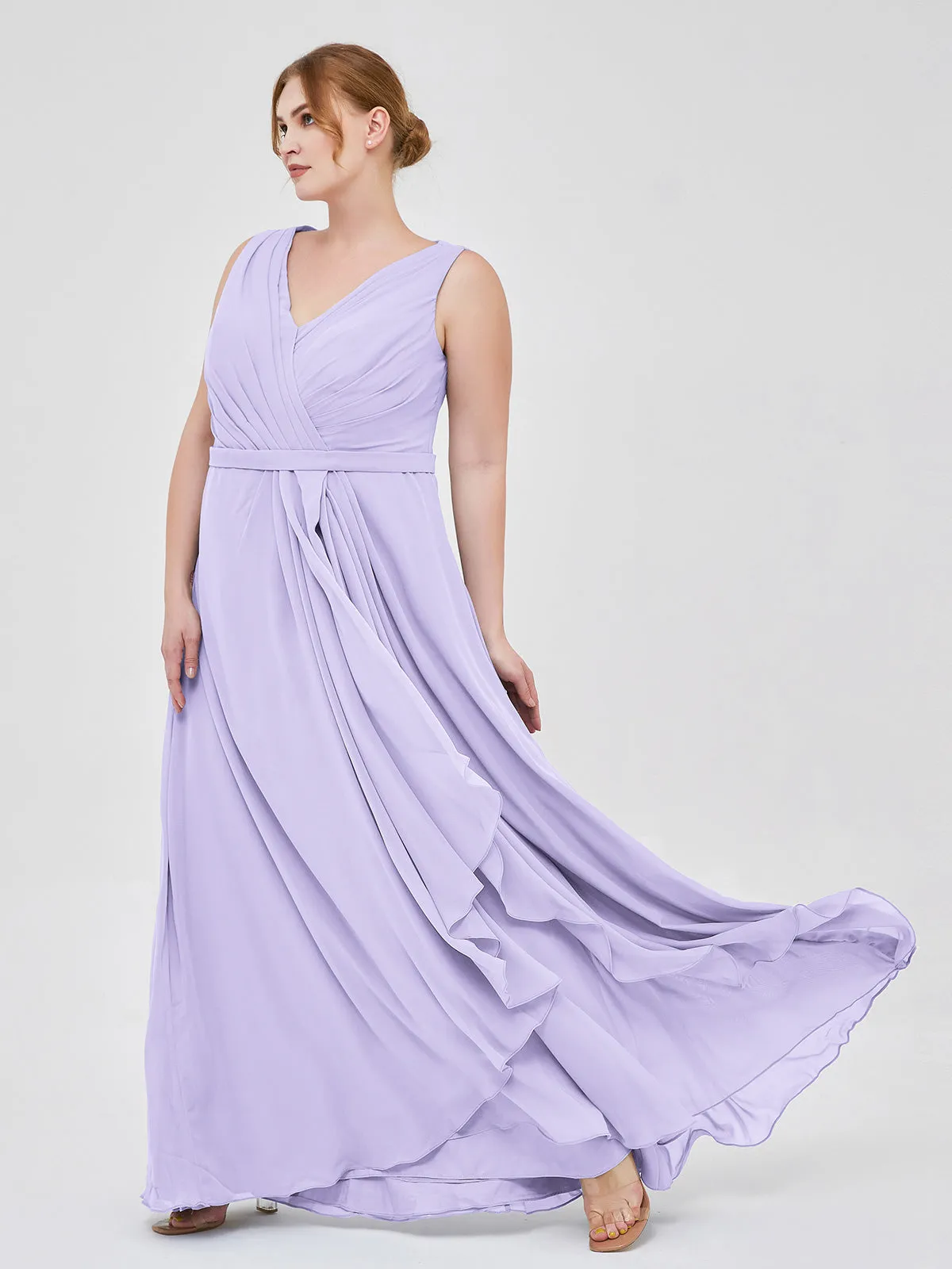 A-line Chiffon Open Back Dress With V-Neck Lilac