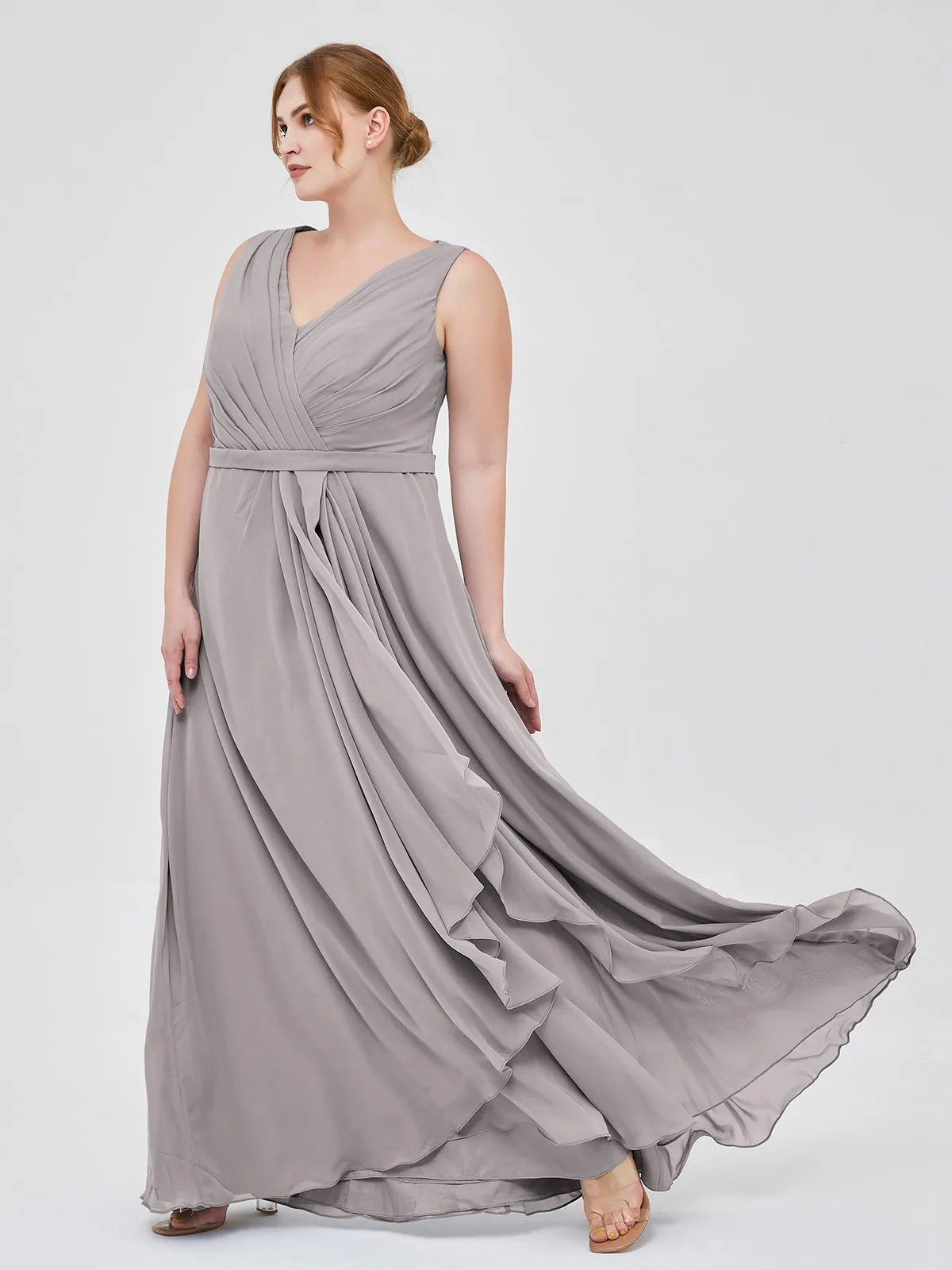 A-line Chiffon Open Back Dress With V-Neck Silver