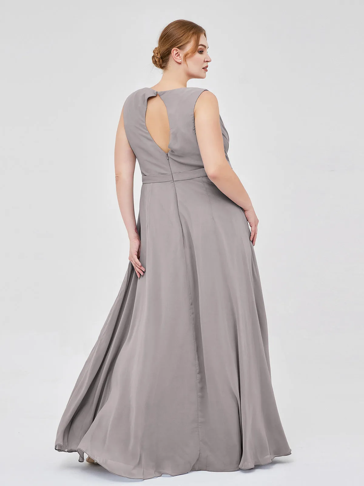 A-line Chiffon Open Back Dress With V-Neck Silver