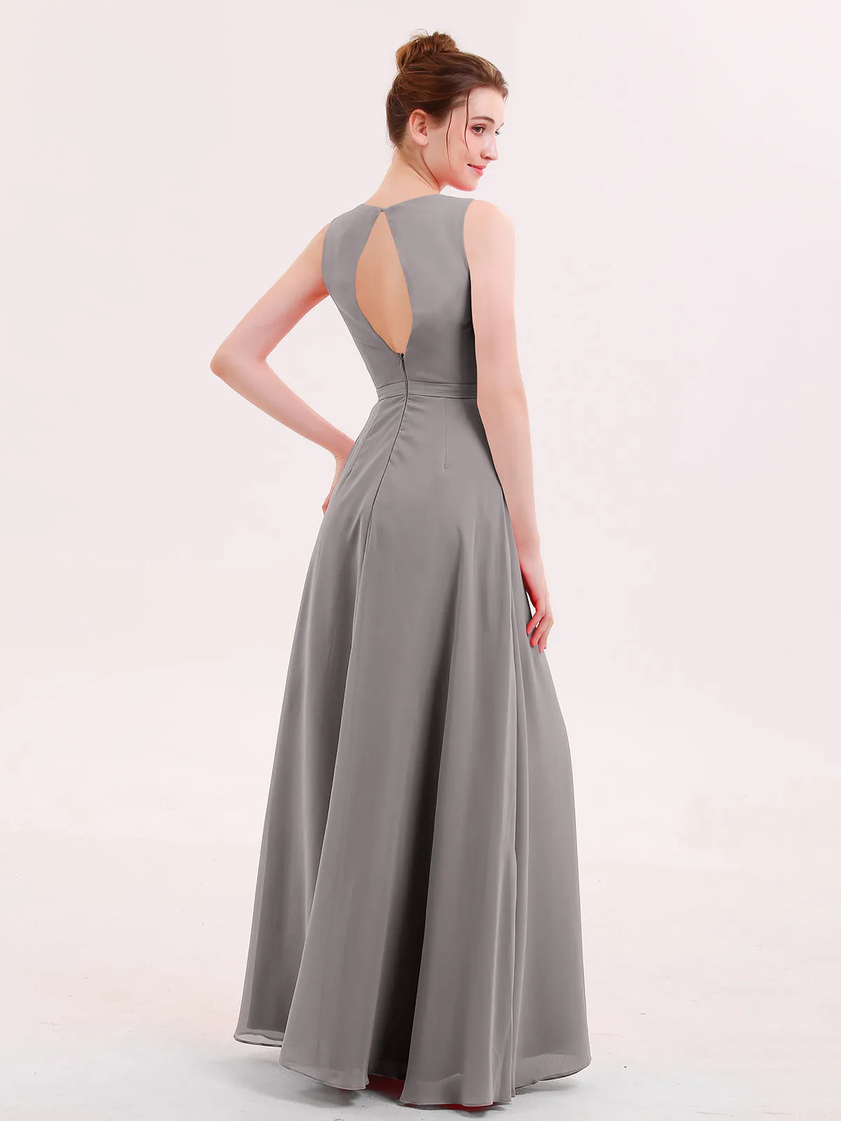 A-line Chiffon Open Back Dress With V-Neck Silver