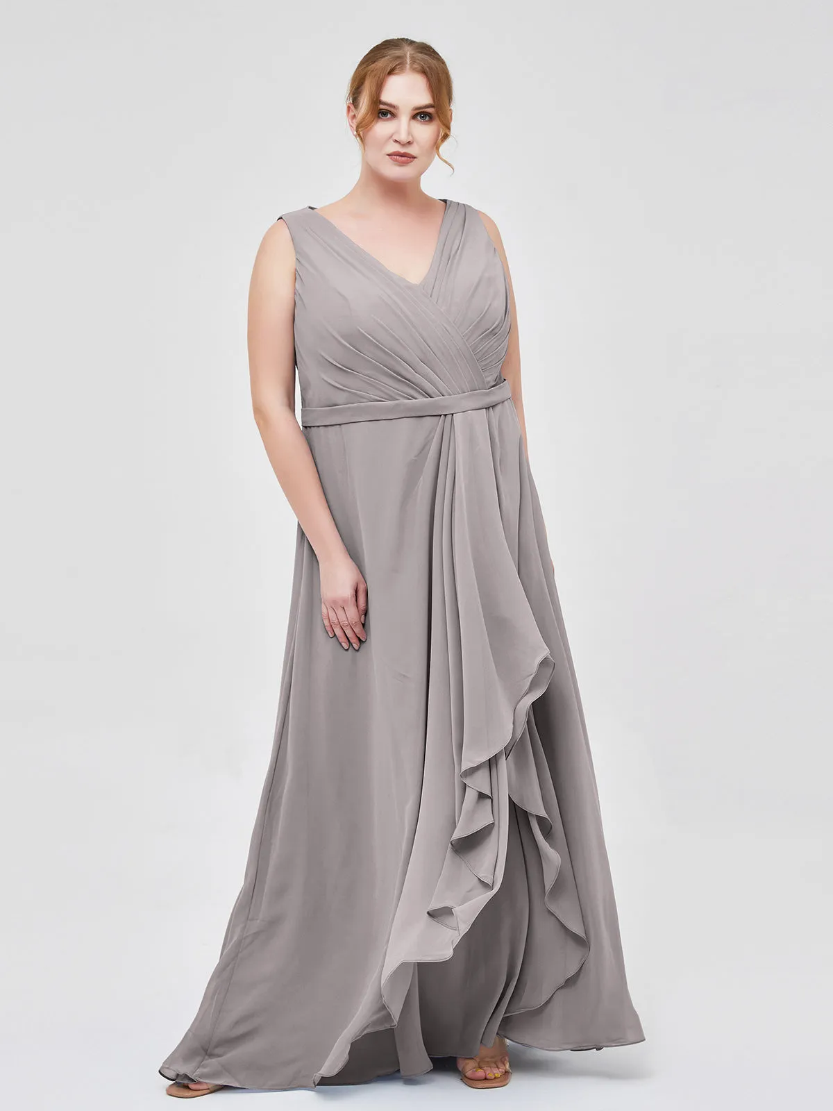 A-line Chiffon Open Back Dress With V-Neck Silver