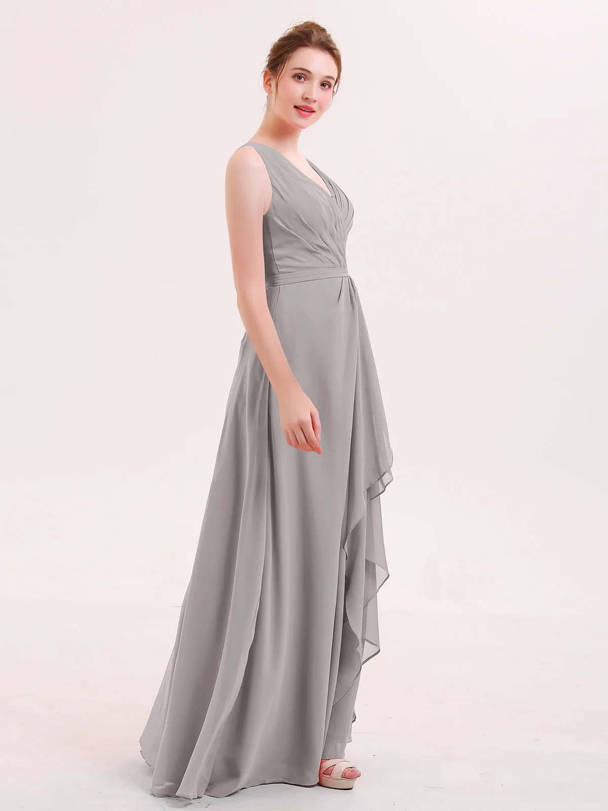 A-line Chiffon Open Back Dress With V-Neck Silver