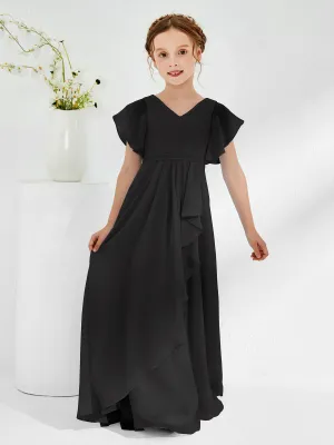A-line Flutter Sleeves Junior Bridesmaid Dresses Black