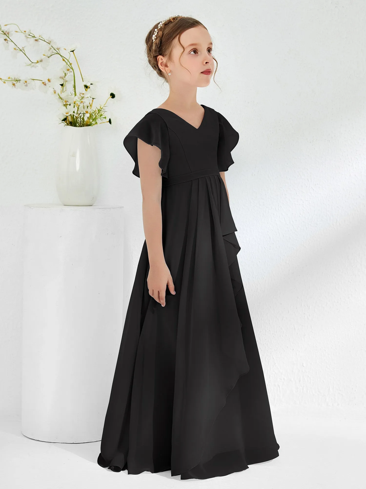 A-line Flutter Sleeves Junior Bridesmaid Dresses Black