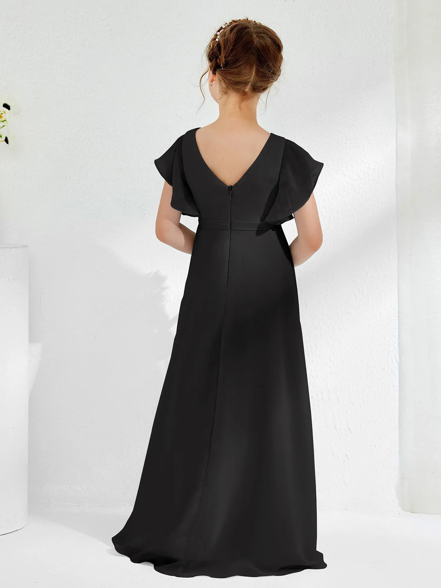 A-line Flutter Sleeves Junior Bridesmaid Dresses Black
