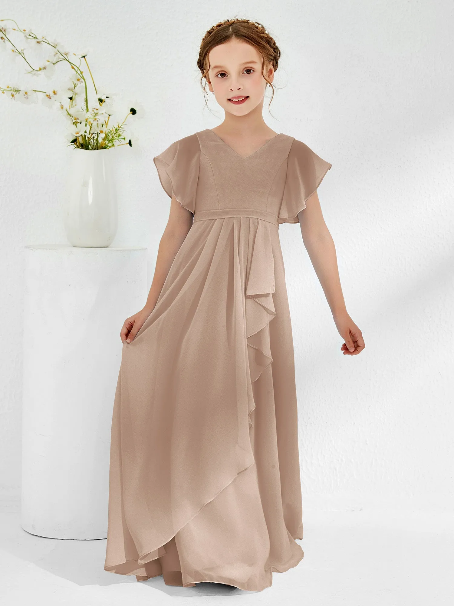A-line Flutter Sleeves Junior Bridesmaid Dresses Taupe