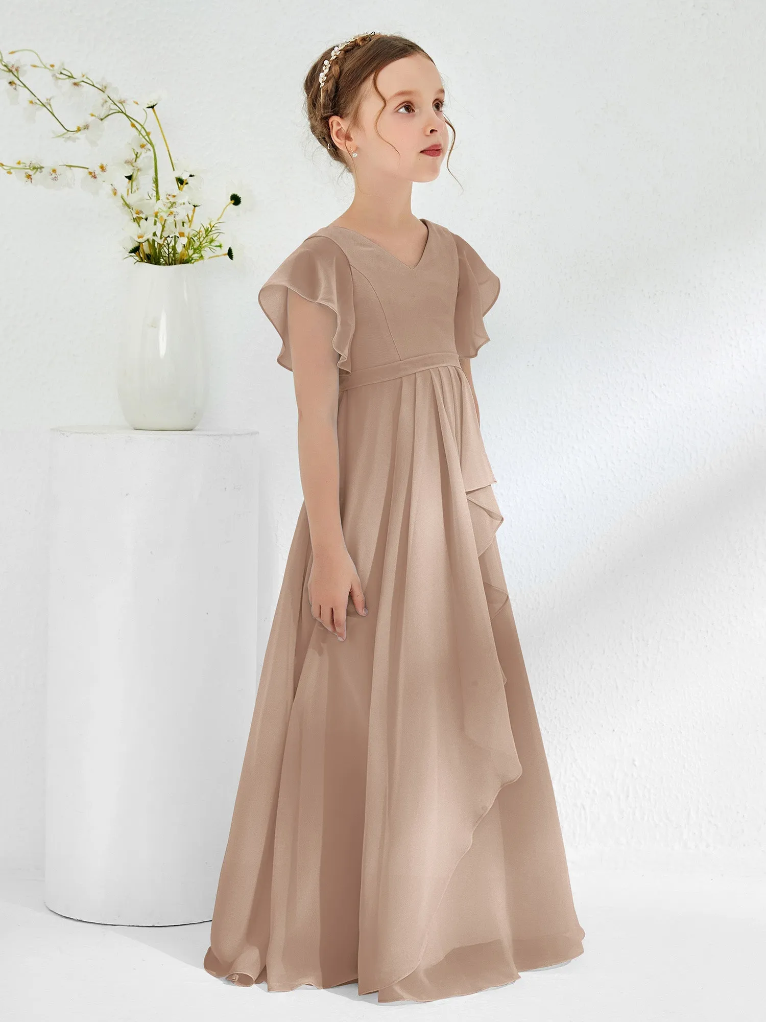 A-line Flutter Sleeves Junior Bridesmaid Dresses Taupe