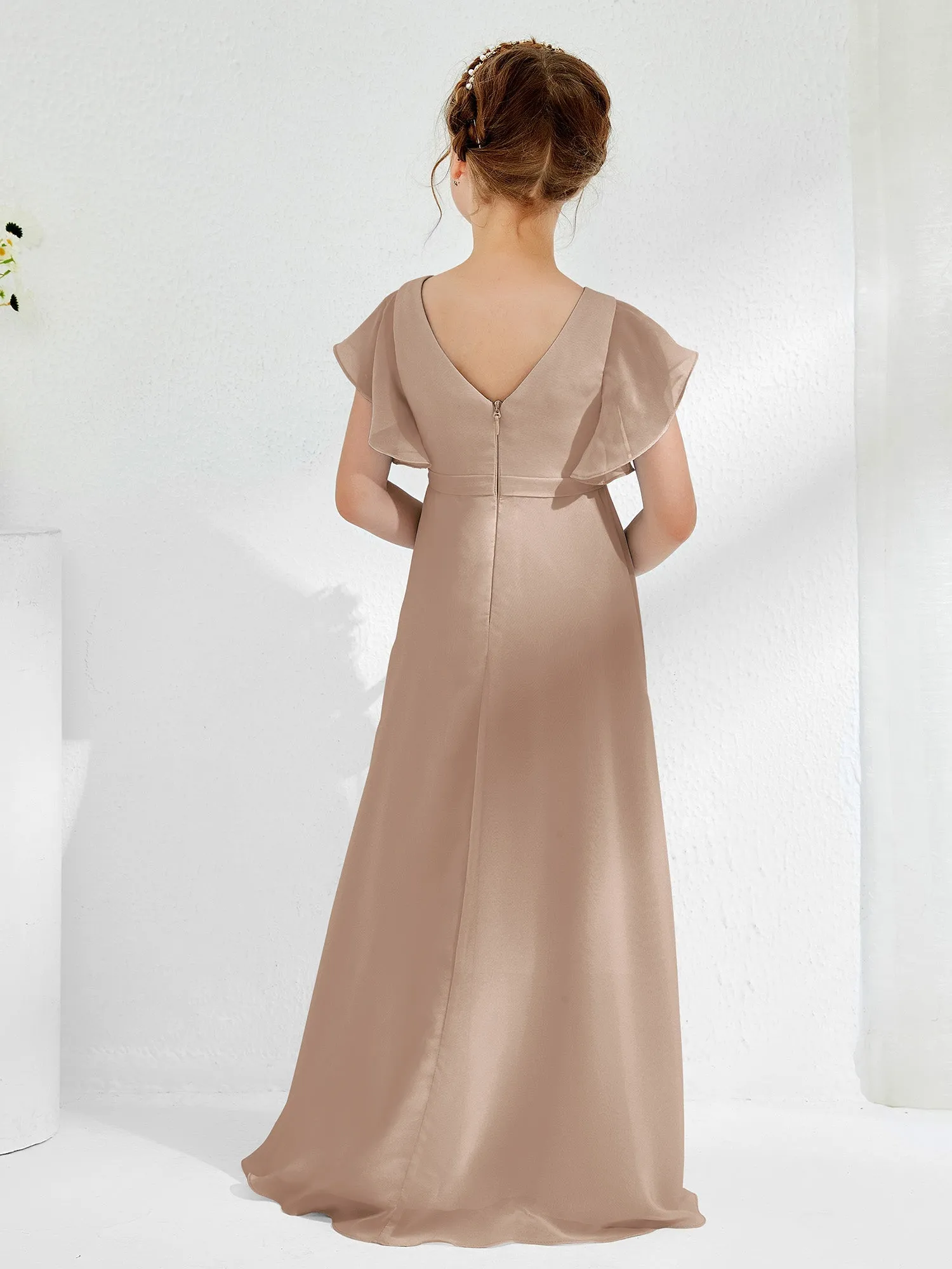 A-line Flutter Sleeves Junior Bridesmaid Dresses Taupe