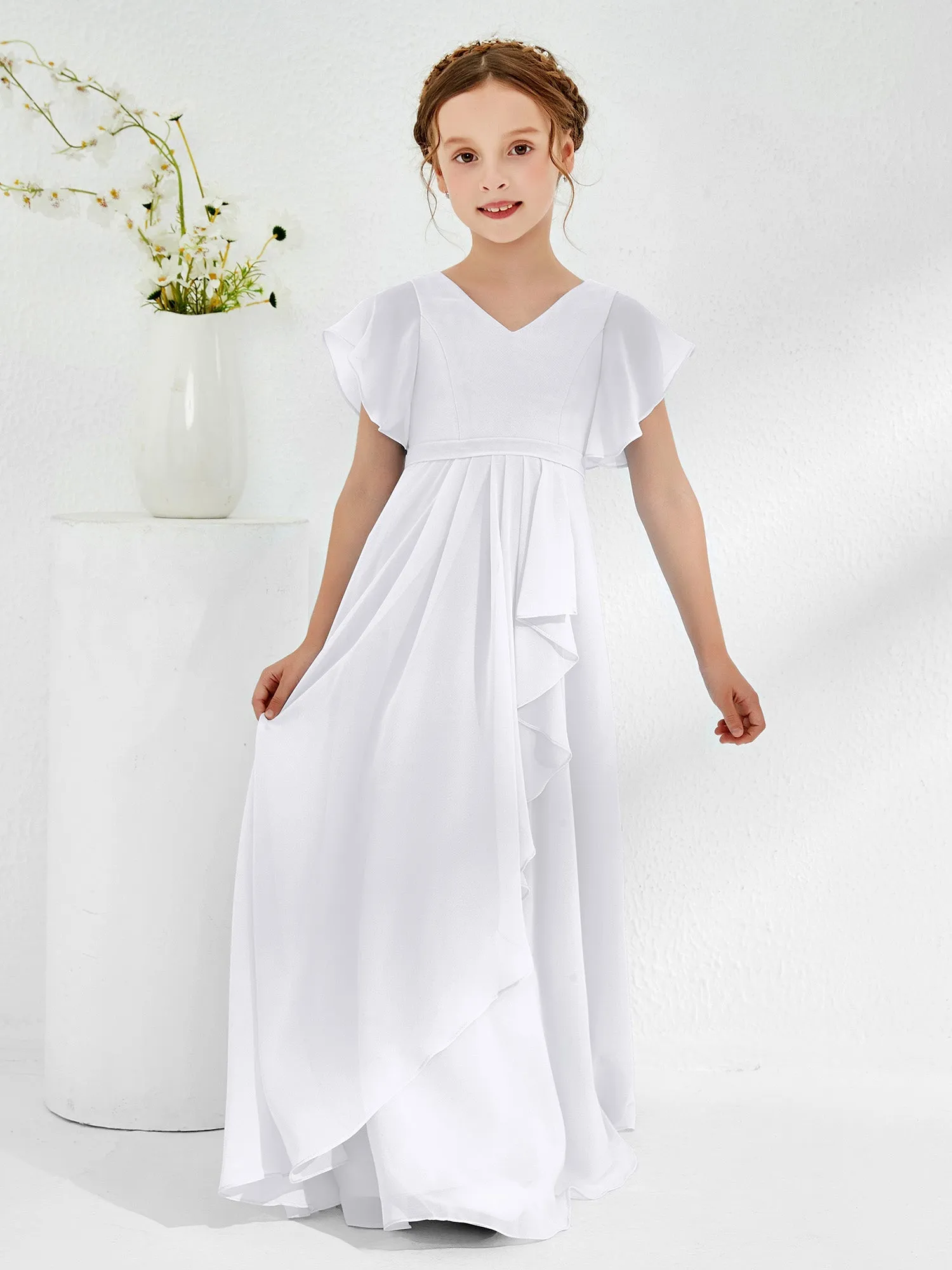A-line Flutter Sleeves Junior Bridesmaid Dresses White