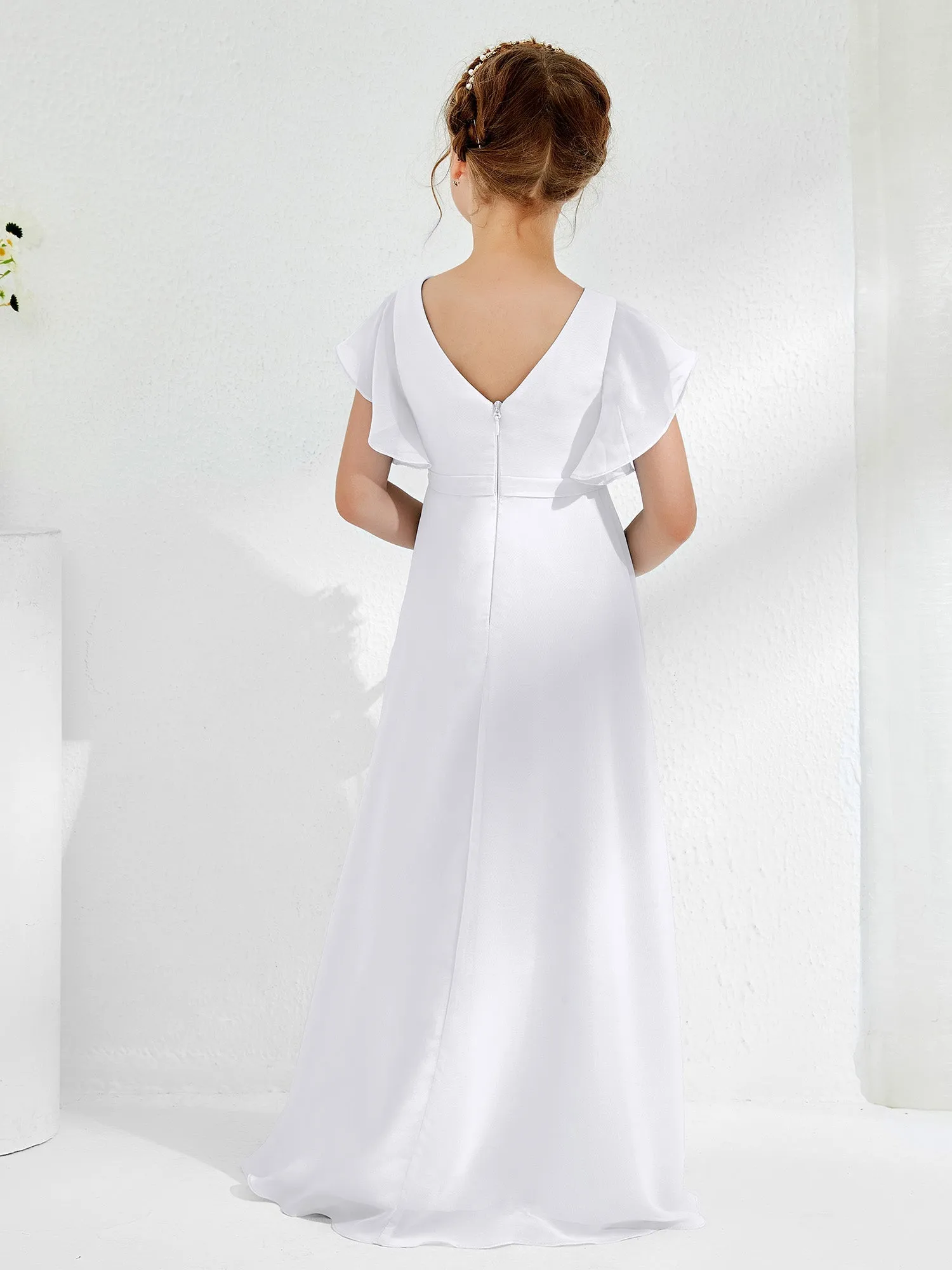 A-line Flutter Sleeves Junior Bridesmaid Dresses White