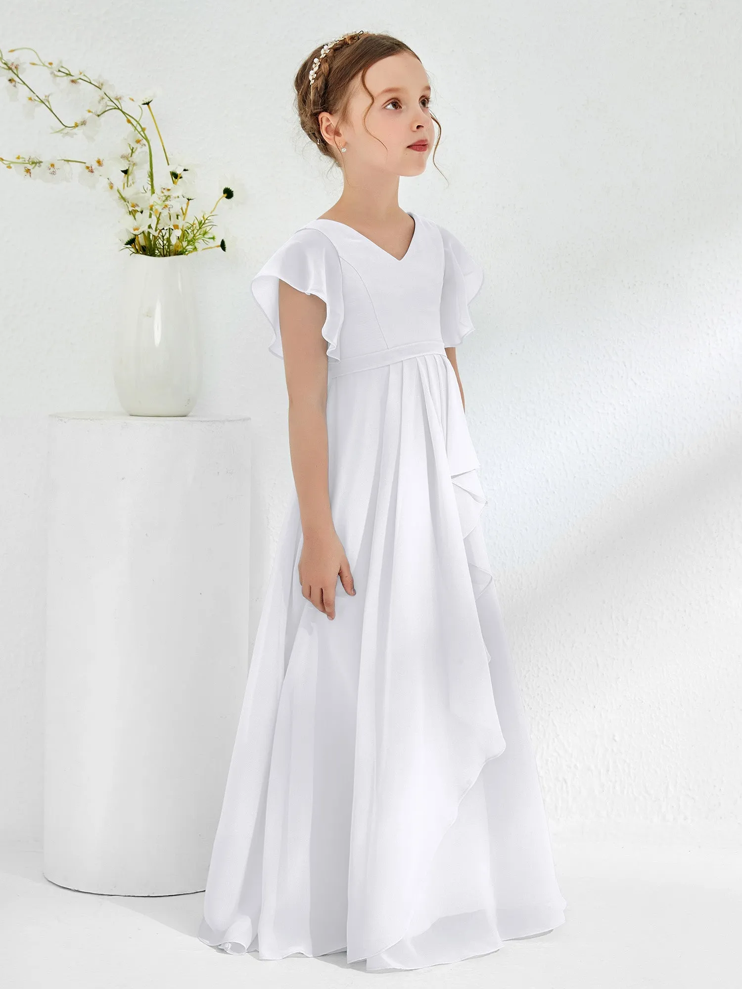 A-line Flutter Sleeves Junior Bridesmaid Dresses White