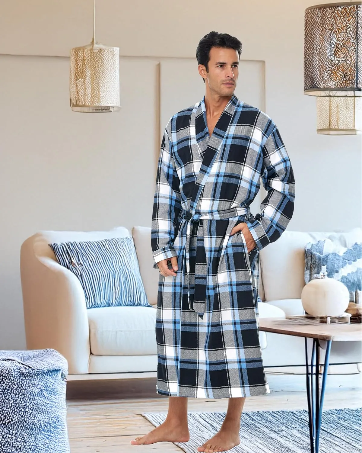 Alexander Del Rossa Men's Lightweight Flannel Robe, Soft Cotton