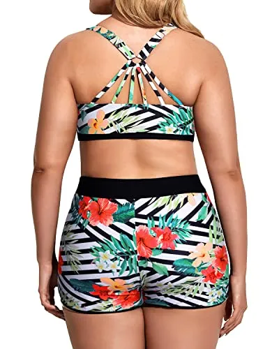 Athletic Bathing Suits With Boy Shorts And Sports Bra With Boardshorts-Black Floral