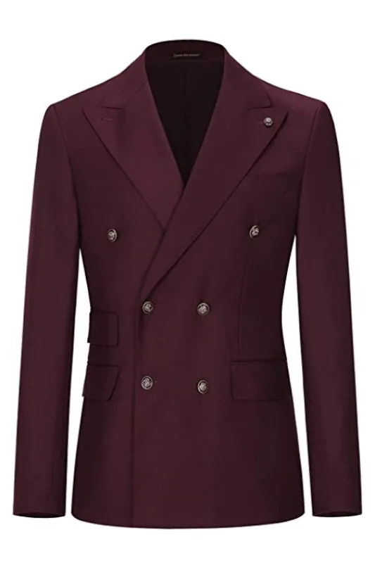 August Elegant Maroon Peaked Lapel Double Breasted Men's Prom Suit