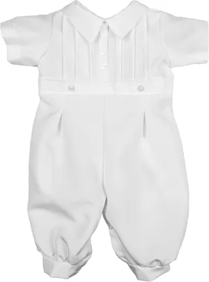 Baby Boys White Short Sleeve Collared Romper Coverall with Pin-Tucking