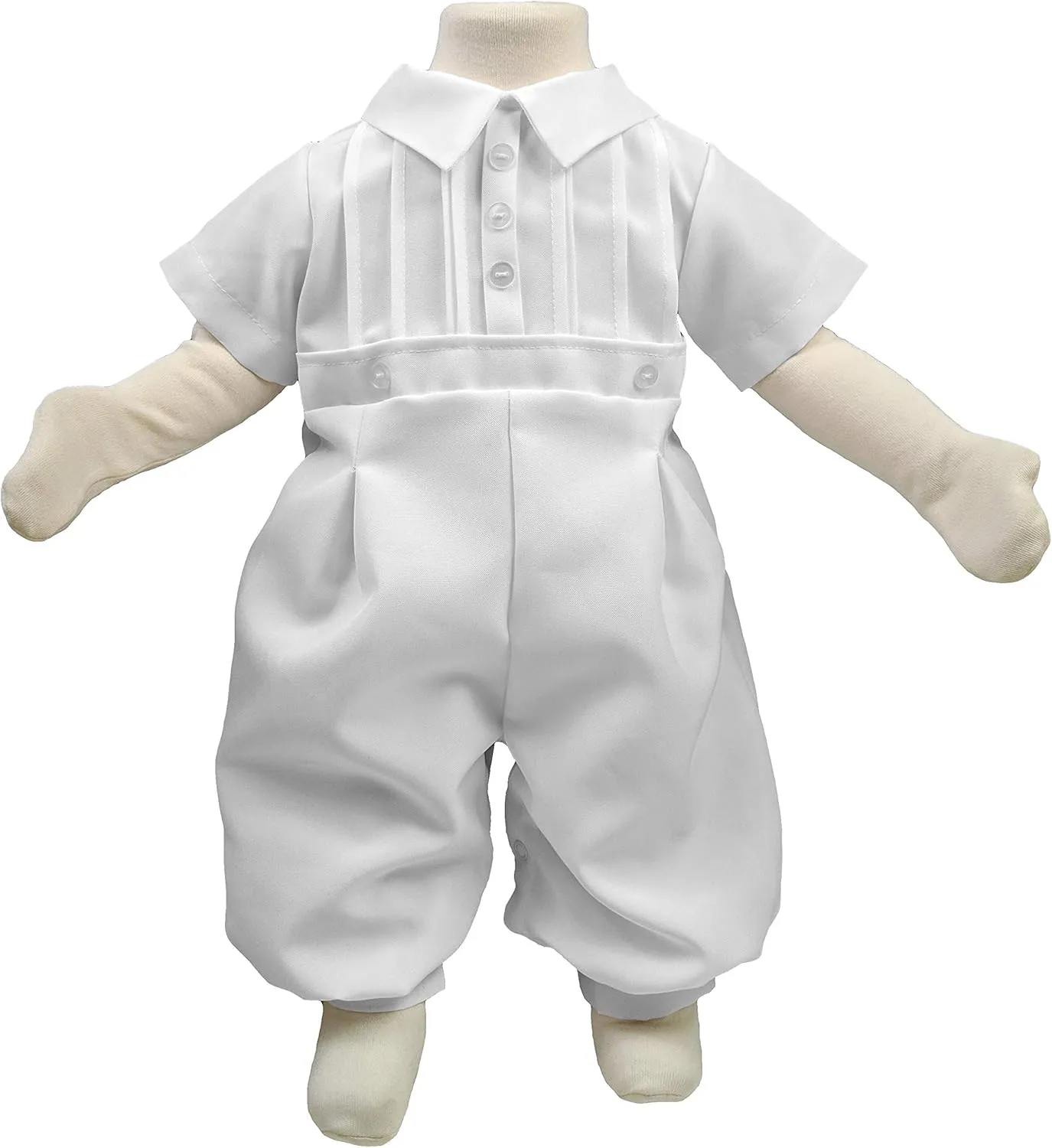 Baby Boys White Short Sleeve Collared Romper Coverall with Pin-Tucking