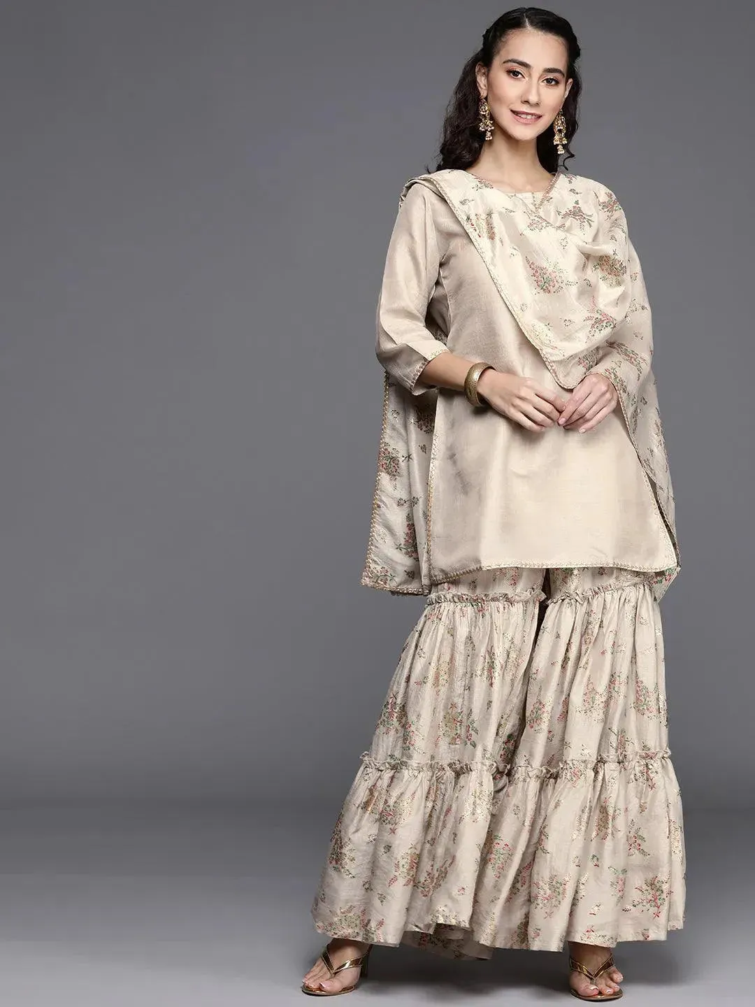 Beige Solid Silk Blend Straight Kurta With Sharara & Dupatta