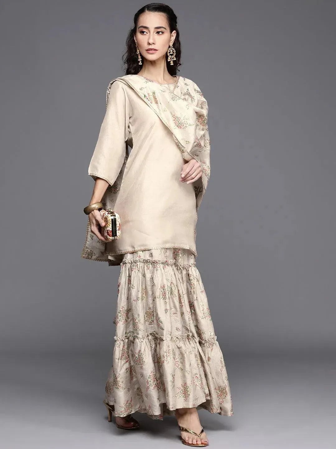 Beige Solid Silk Blend Straight Kurta With Sharara & Dupatta
