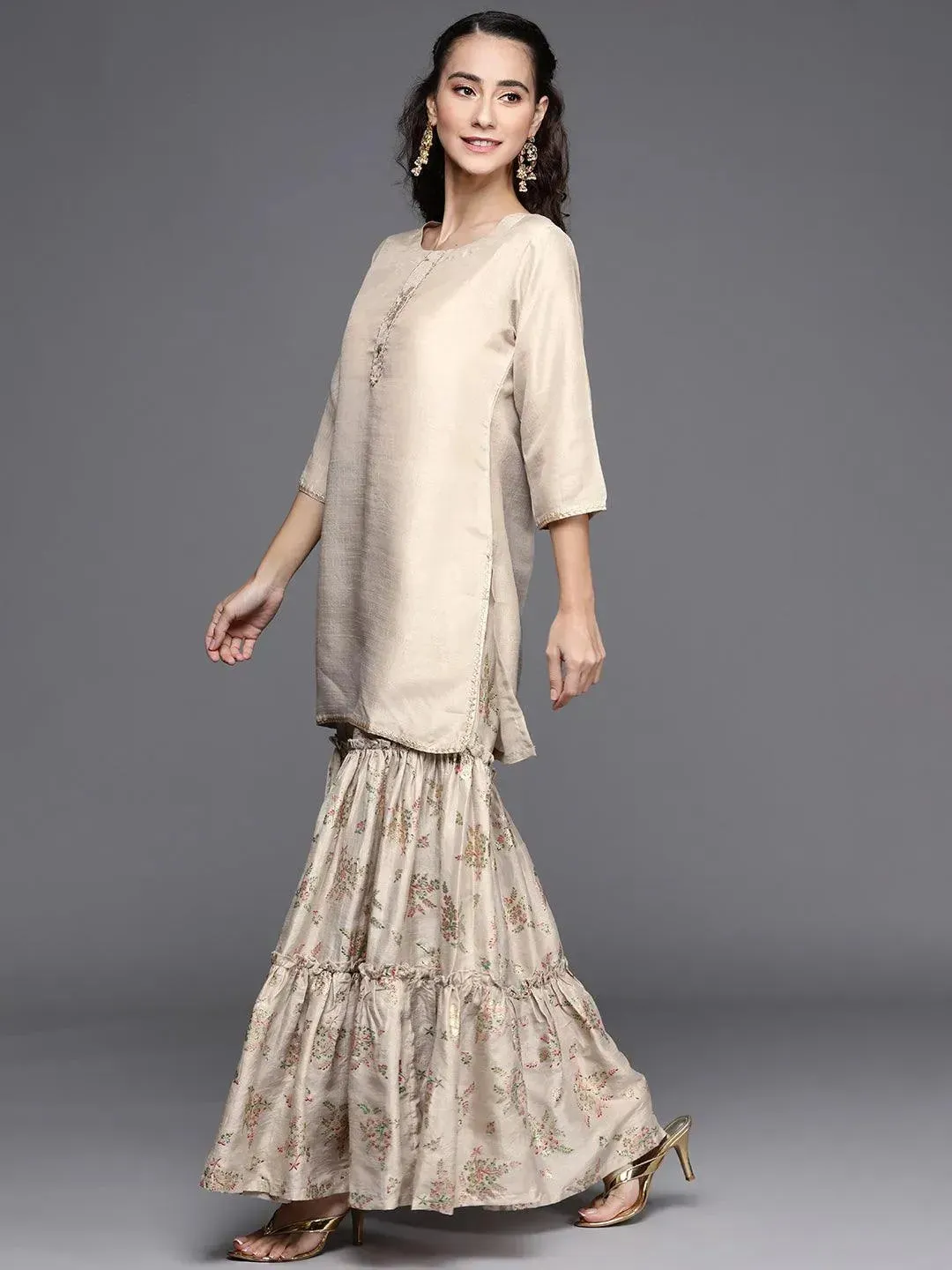 Beige Solid Silk Blend Straight Kurta With Sharara & Dupatta
