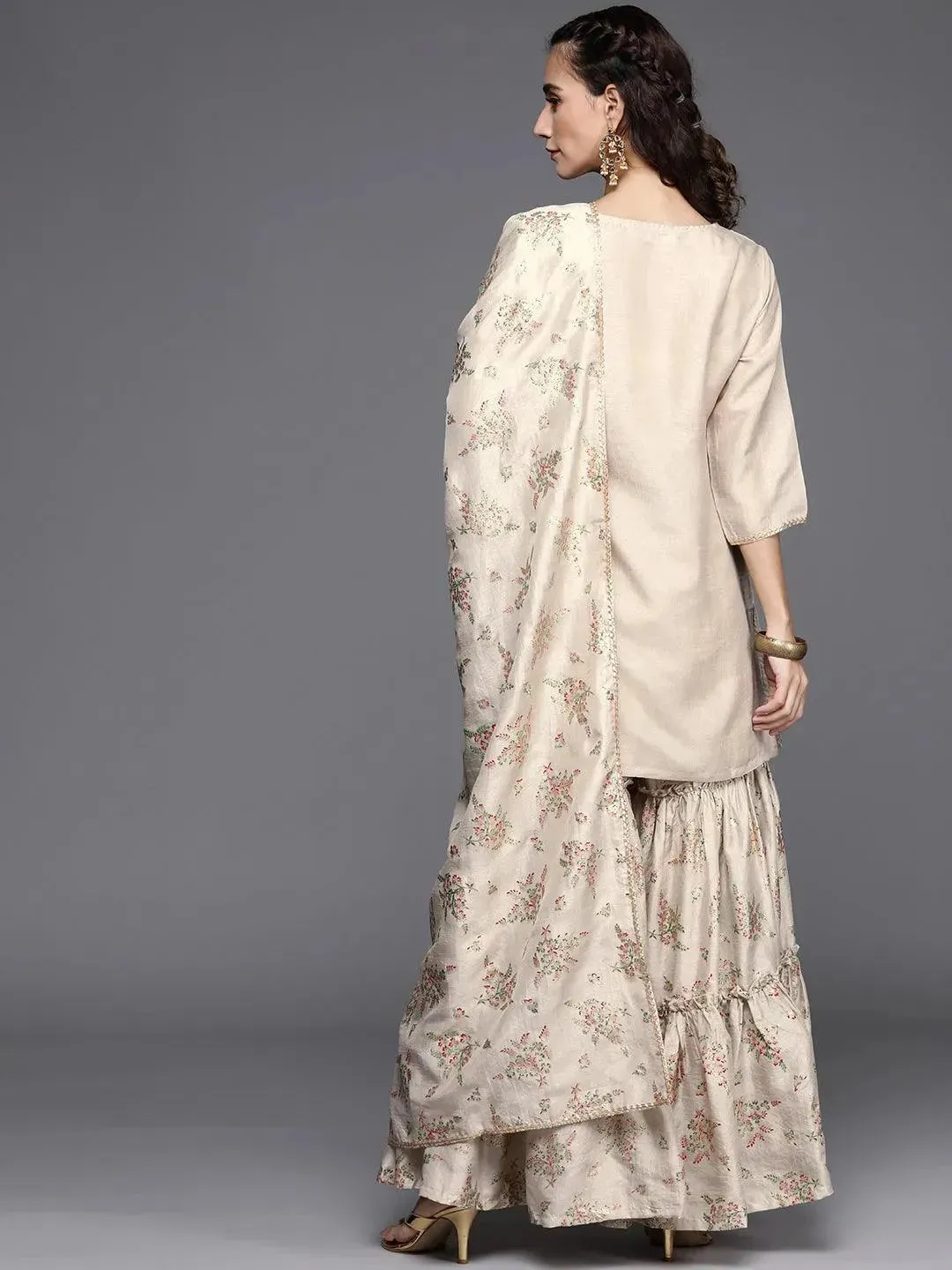 Beige Solid Silk Blend Straight Kurta With Sharara & Dupatta