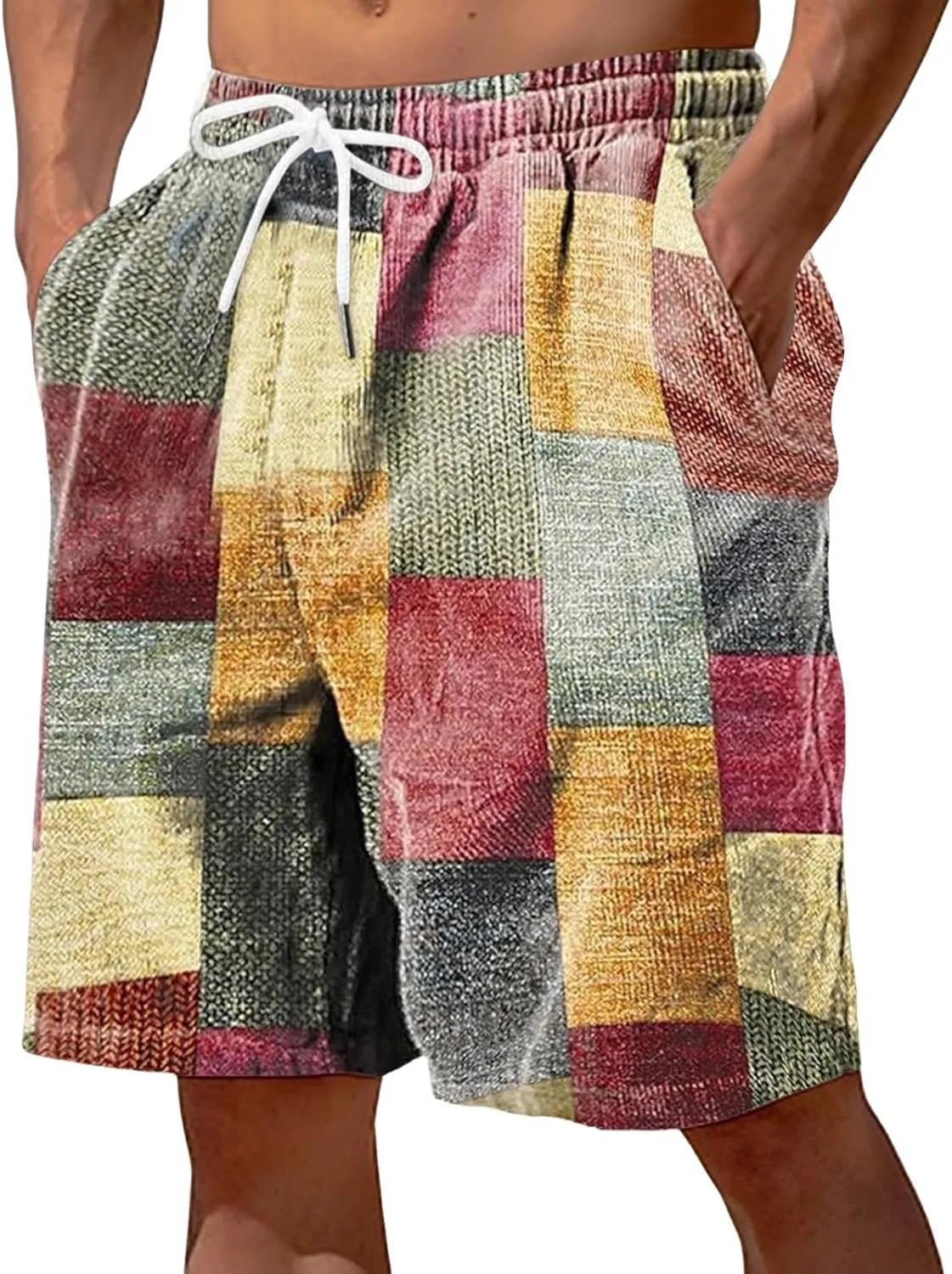 Bermuda Shorts for Men Linen Plaid Shorts Elastic Waist Lightweight Summer Shorts Big Tall Casual Shorts 2024