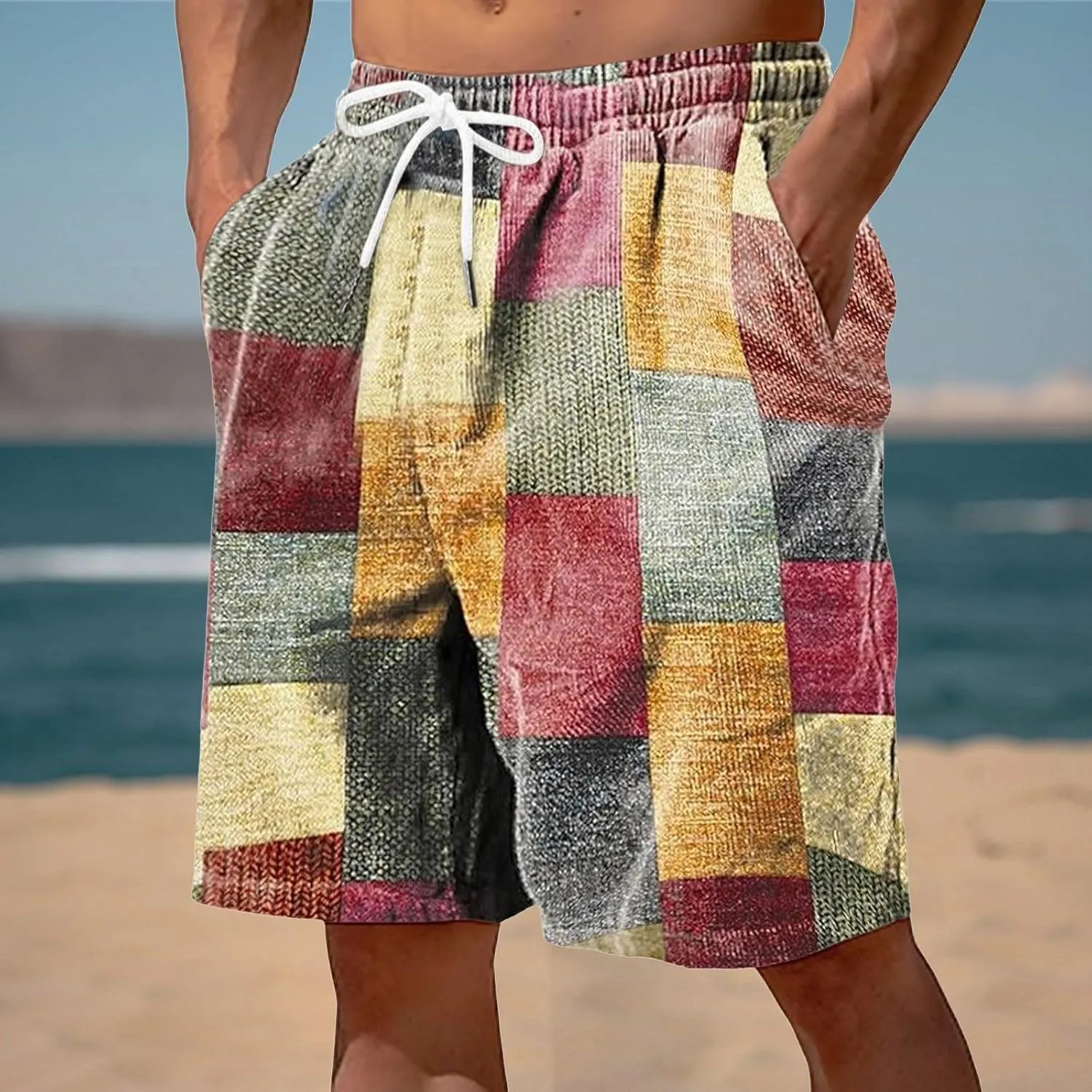 Bermuda Shorts for Men Linen Plaid Shorts Elastic Waist Lightweight Summer Shorts Big Tall Casual Shorts 2024