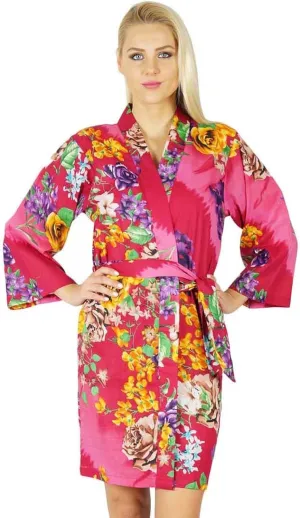 Bimba Women Cotton Printed Floral Robe Bridal Bridesmaid Getting Ready Pink