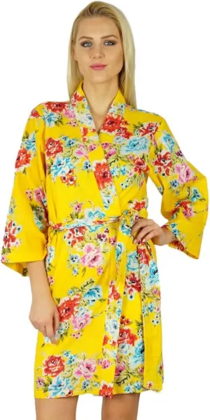 Bimba Women Cotton Printed Floral Robe Bridal Bridesmaid Getting Ready Yellow